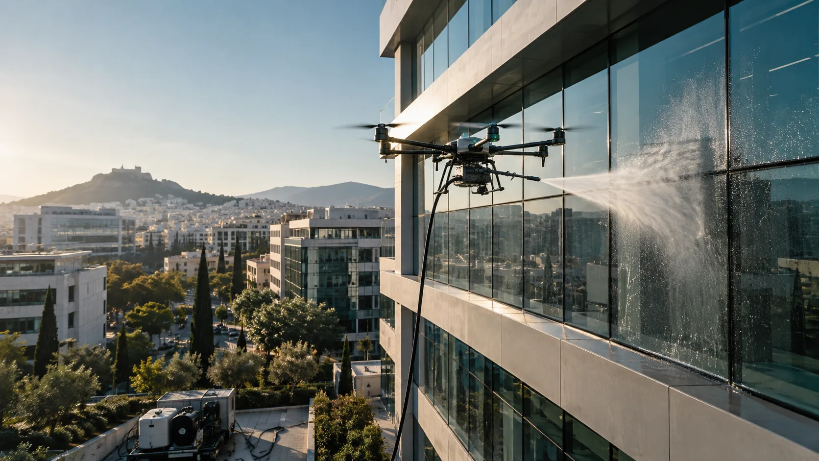 Ενδεικτική καλλιτεχνική απεικόνιση drone που καθαρίζει την πρόσοψη πολυώροφου κτιρίου στην Αθήνα